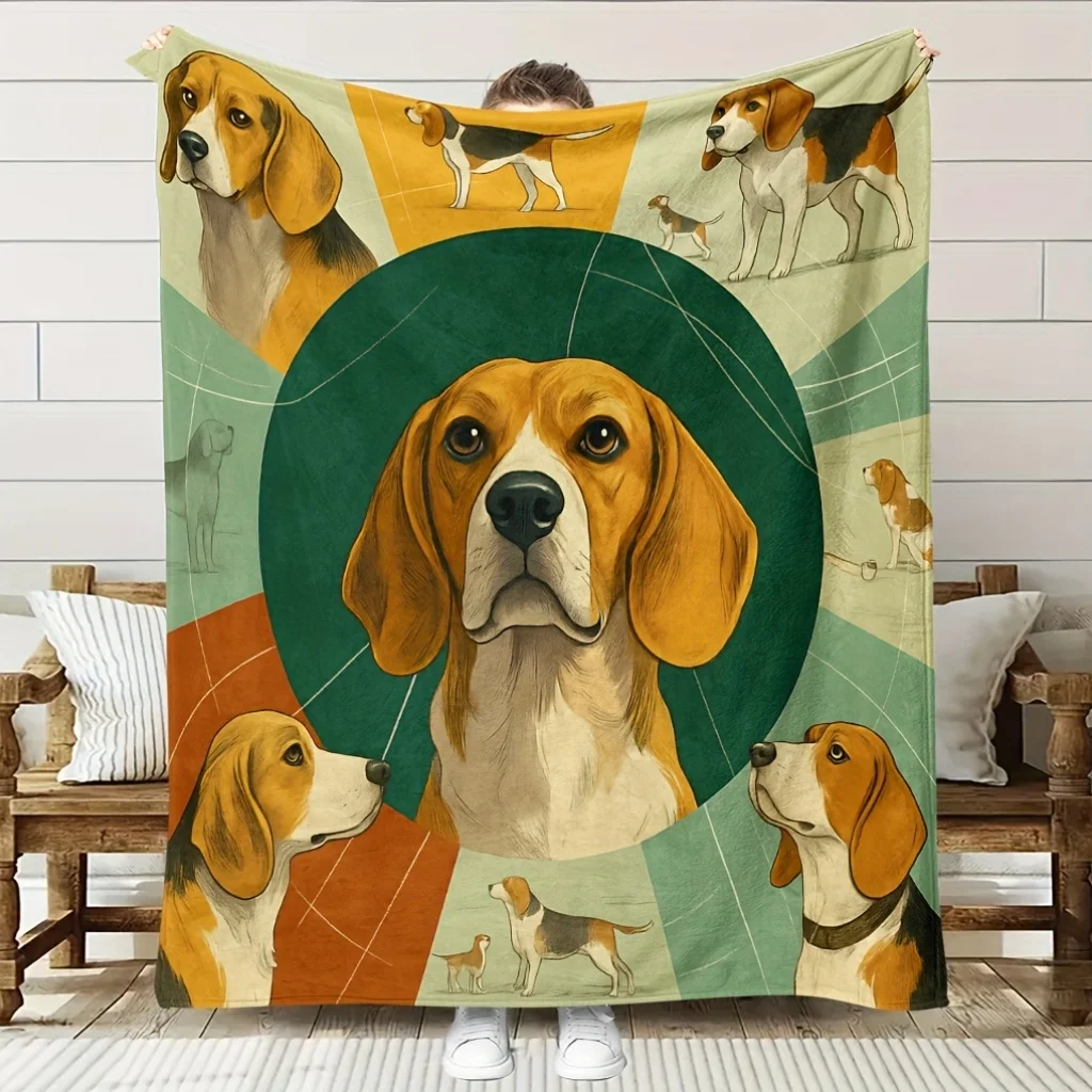 1pc Beagle Dog Fleece Blanket - Soft Breathable All-Season Bedspread with Beagle Puppy & Adult  Design,  Lover Gift