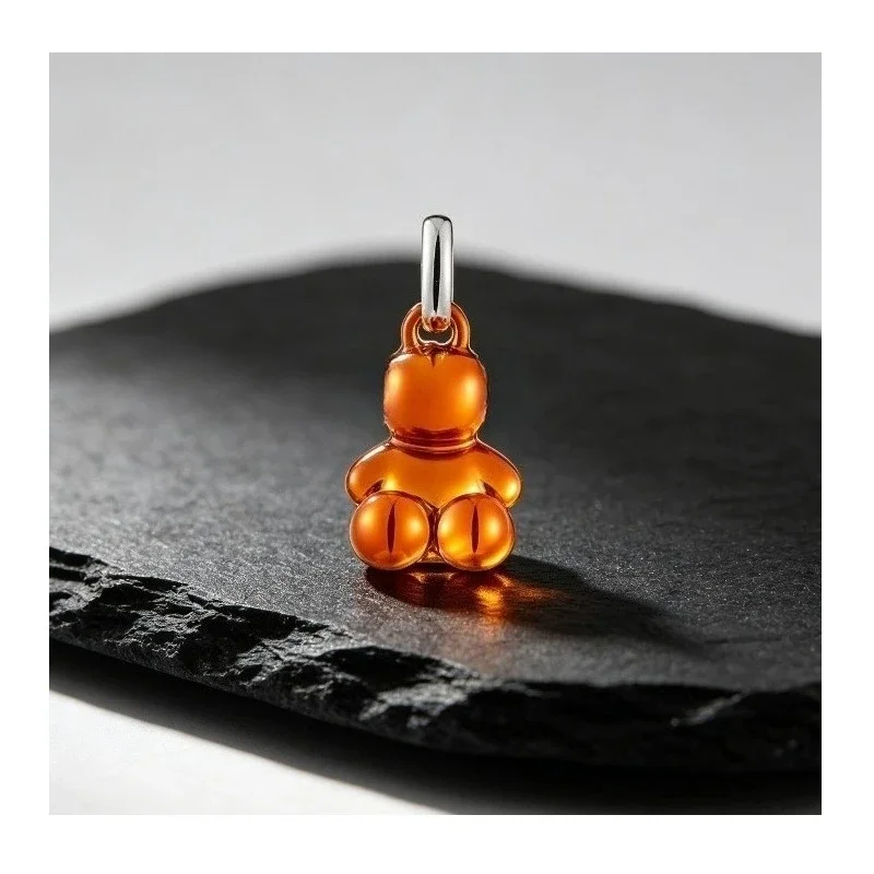 Translucent Amber Orange Resin Sitting Teddy Bear Charm Polished Silver Bail Glossy Jelly Bear Pendant For Bracelet Necklace Jewelry Gift
