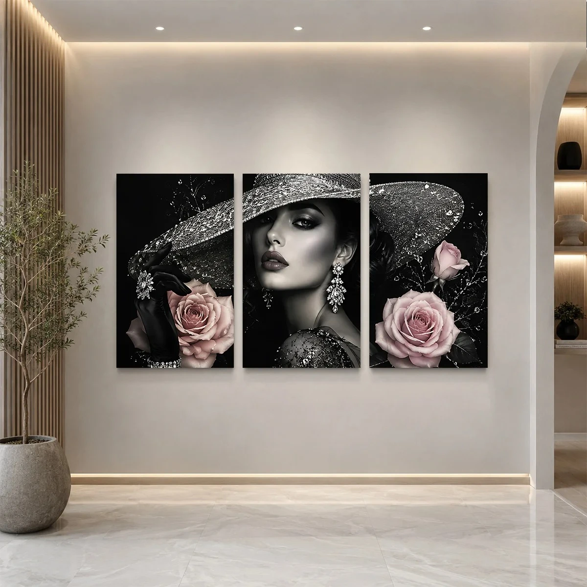 2D Flat 3PCS - A three-panel artwork featuring a glamorous woman in a hat with pink roses and sparkling details. Themed Canva
