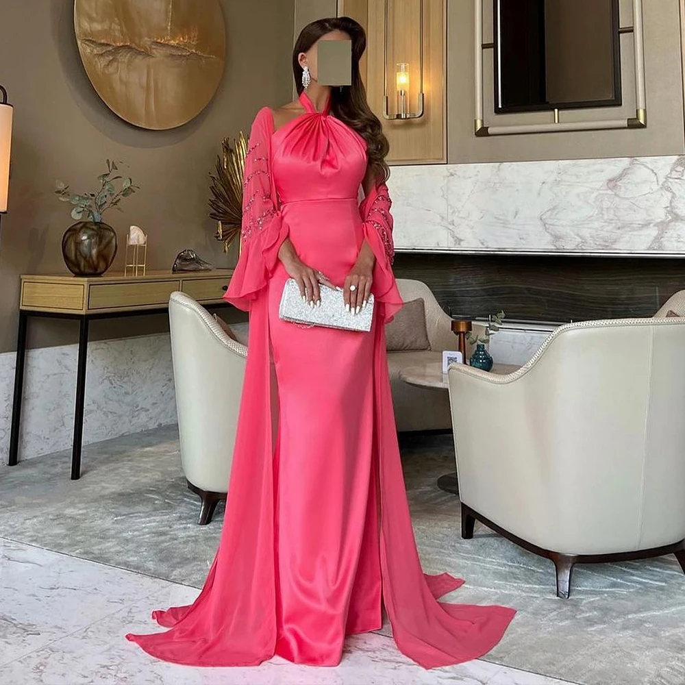 

CustomizedElegant Party Dresses Woman 2024 Halter Floor Length Straight Long Sleeves Satin Pleats Crystal Shawl Watteau Train Ex