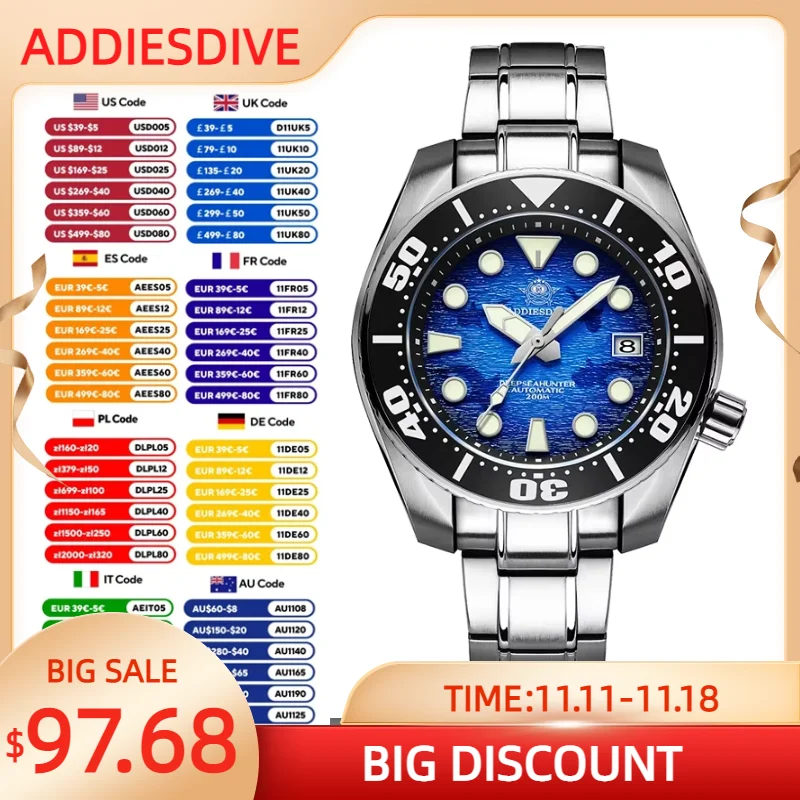 

ADDIESDIVE Top brand NH35 Movement Automatic Mechanical Watches Super Luminous relogios masculinos 200m Diver Wrist watch AD2102