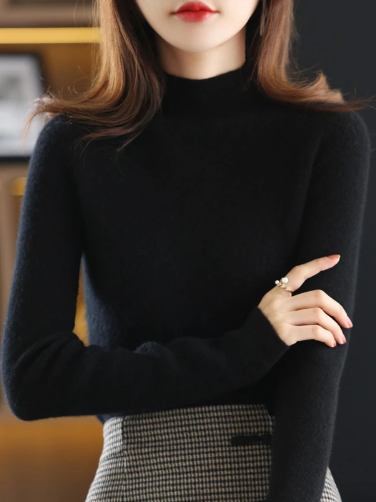 Outono inverno nova camisola de caxemira pulôveres de gola alta feminino casual malha sólida topos moda coreana blusas de fundo quente