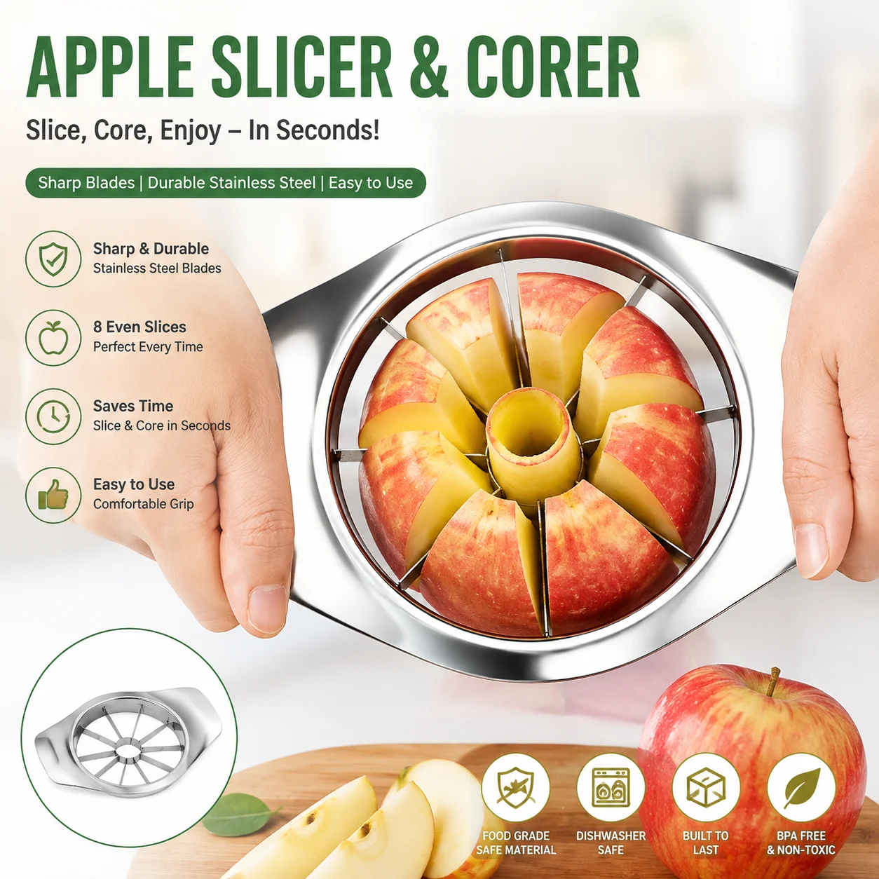 HILIFE Kitchen Gadgets Stainless Steel Comfort Handle Divider Apple Cutter Vegetable Fruit Tools