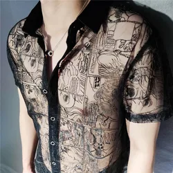 High Quality Black Lace Sexy Shirt Embroidery See Through Shirt Men Social Club Luxe Transparent Shirt Summer Short Sleeve Shirt