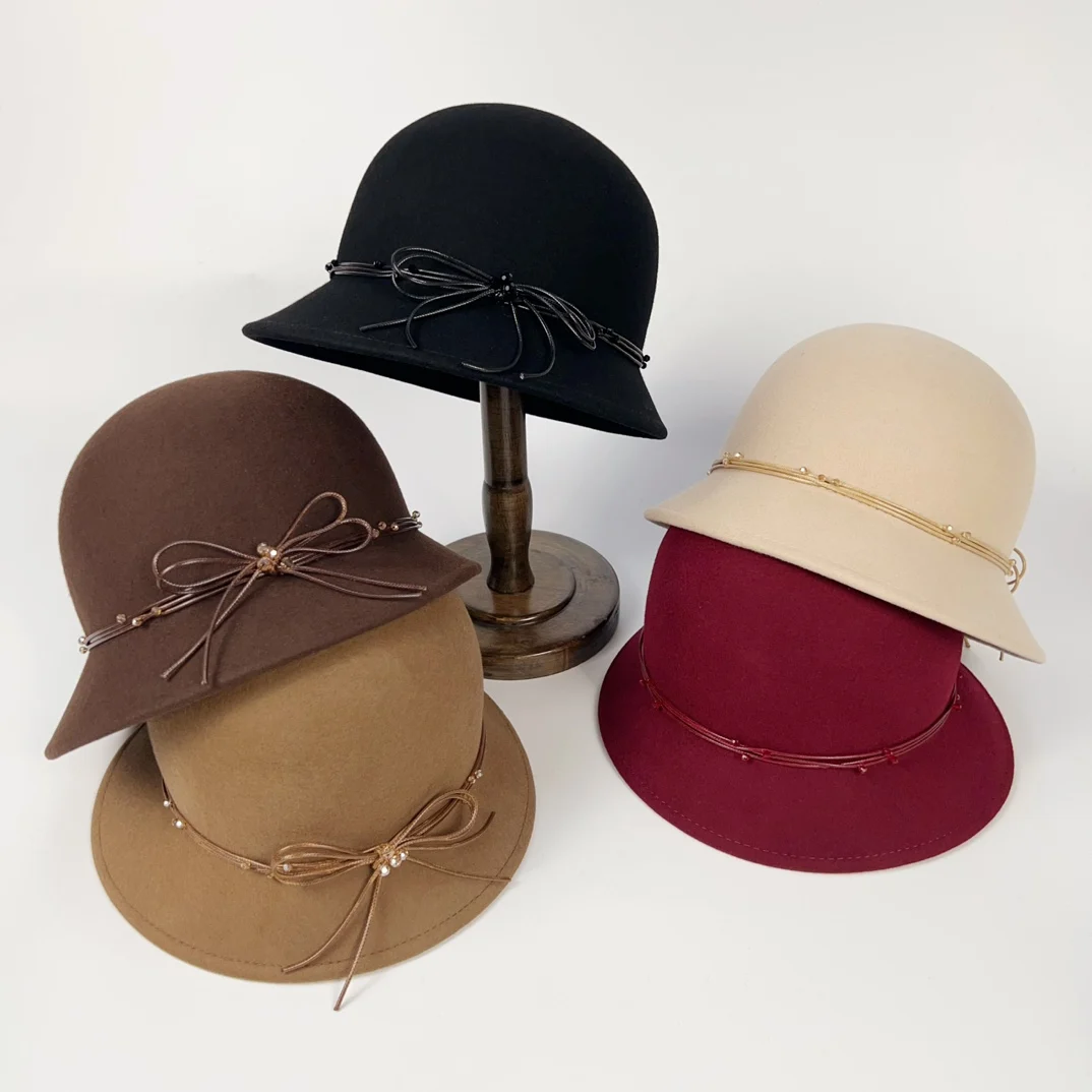 レトロフィッシャーマンハット-レディース-秋冬新作-オーストラリア産ウール-エレガントなリボン結び-顔痩せ-暖かいバケットハット