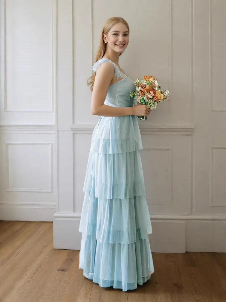 Vestido De fiesta elegante personalizado con tirantes finos De tul en capas vestido De fiesta De graduación sin espalda con cordones y abertura lateral Vestidos De Noche