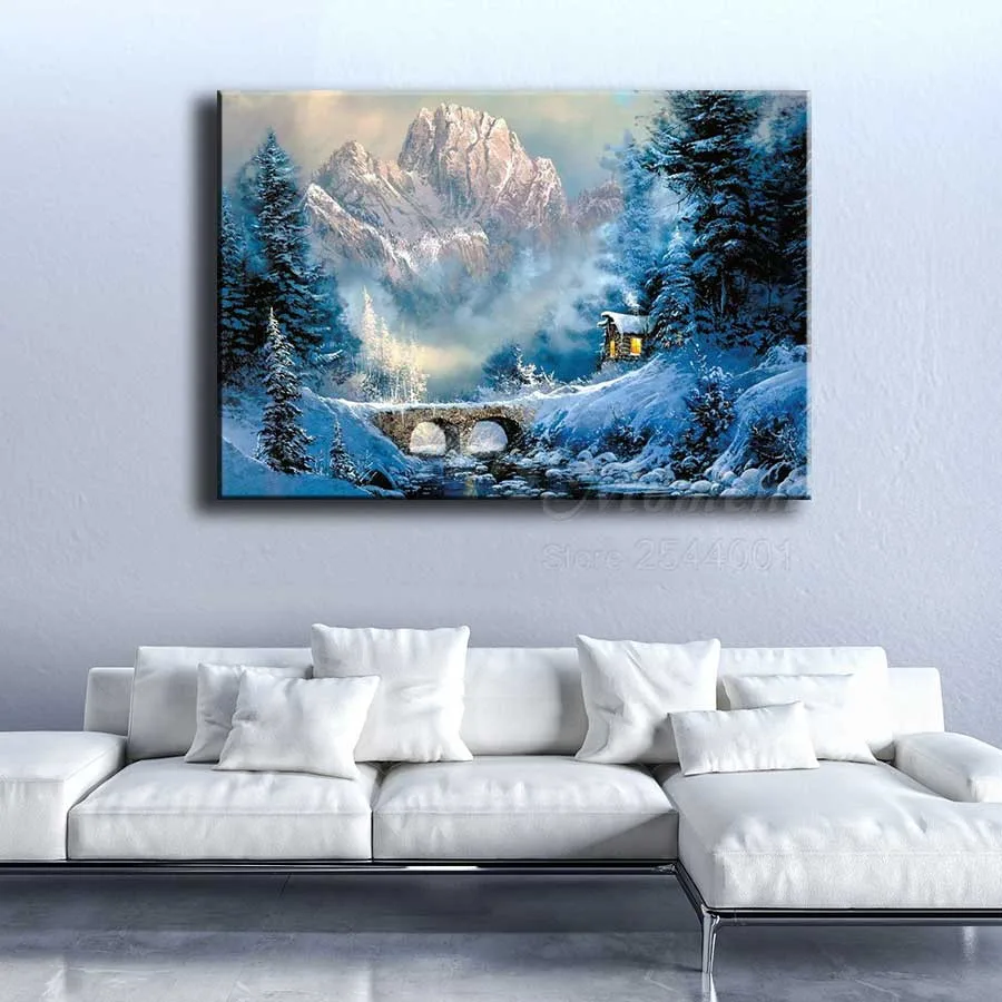 Ever Moment Diamond Painting Scenery Snow Mountain House Bridge Diamond Embroidery Picture Mosaic Home Decor Handmade S2F019