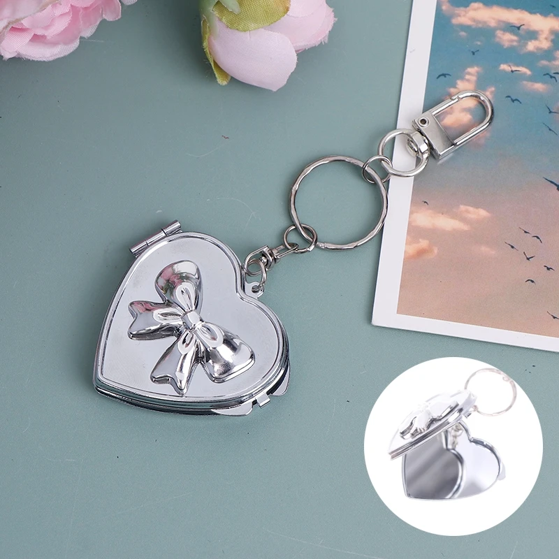 Heart Shape Bow Folding Mirror Keychain Car Keyring Double Sided Mirror Y2k Style Bag Pendant Sweet Cool Trendy Fashion Decor