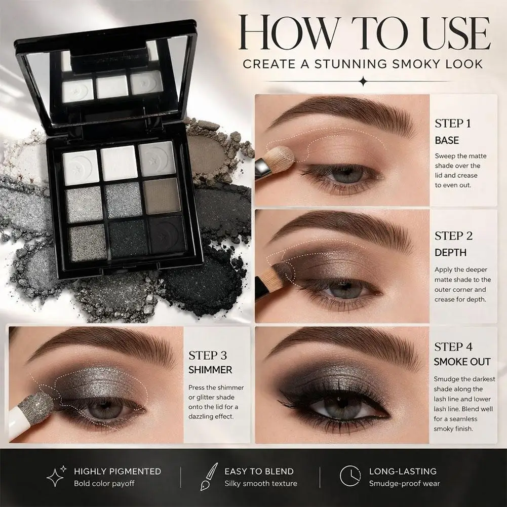 Matte Lidschatten-Palette, hochpigmentiertes Lidschatten-Puder, kreieren Sie einen neutralen Augen-Look, Smokey Eyeshadow, schwarzes, glänzendes Augen-Make-up – Detail 13