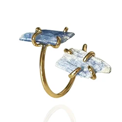 Irregular Kyanite Open Cross Ring for Women Girls Claw Setting Gold-color Boho Rough Natural Stone Finger Jewelry Resizable