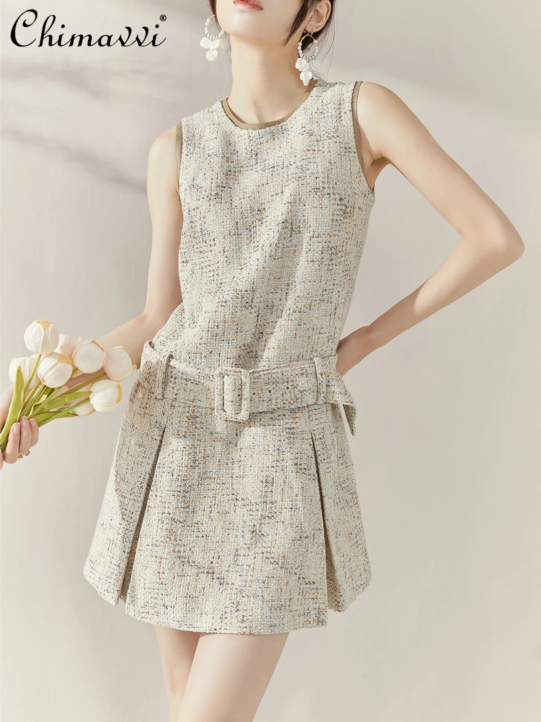 

French Elegant Celebrity Sweet Short Dress Crew Neck Sleeveless High Waist Belt Slim A-line Temperament Mini Dress Women Summer