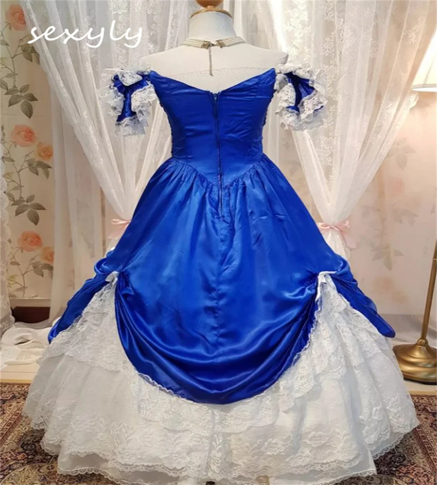 Luxury Royal Blue Lace Wedding Dress 2023 Renaissance Medieval Country Gothic Bridal Gowns Short Sleeve Bow Church Dance Bride