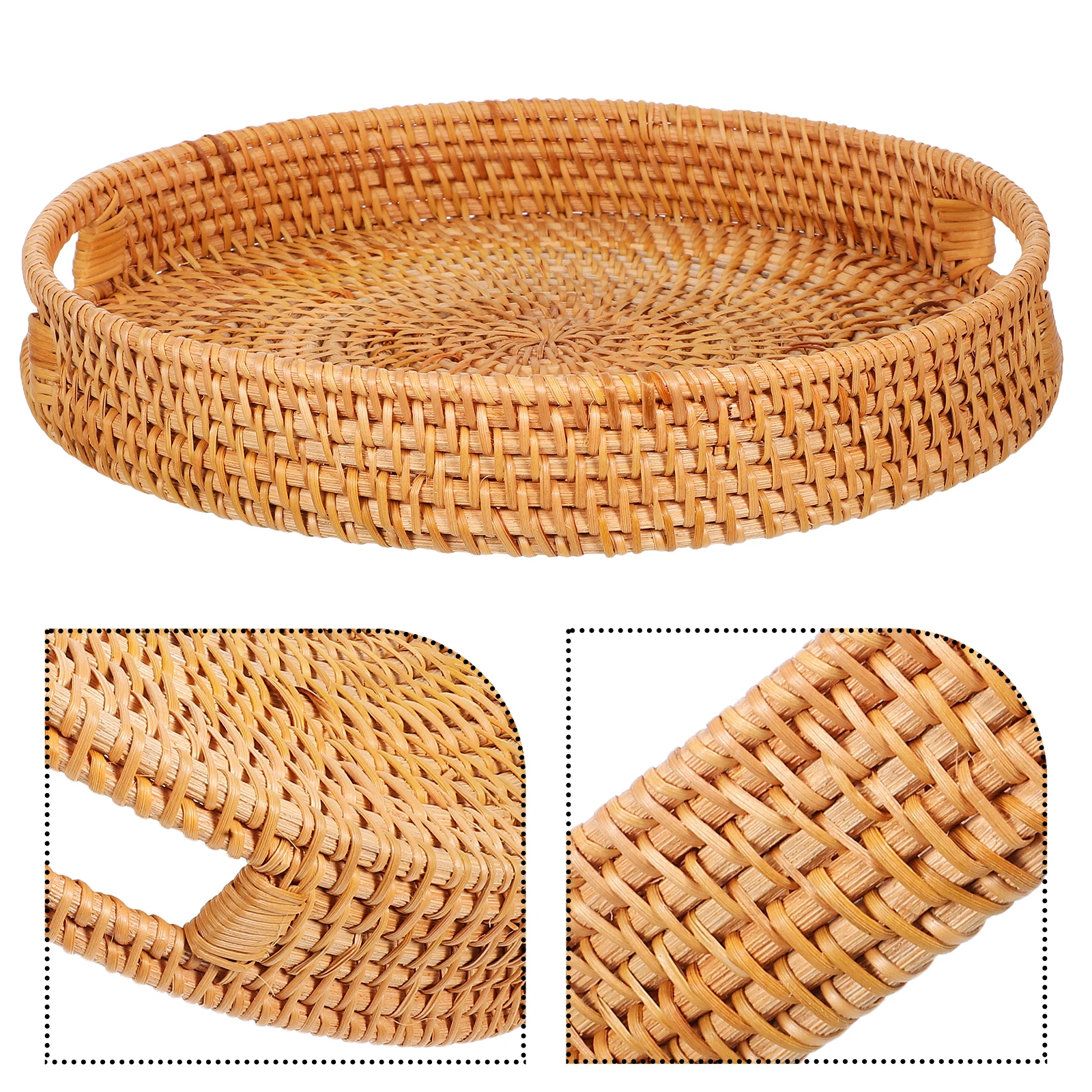 

12-Inch Round Rattan Natural Handwoven Basket Hollow Handle Spacious Storage Tray For Kitchen Outdoor Use Large Snack Fruits