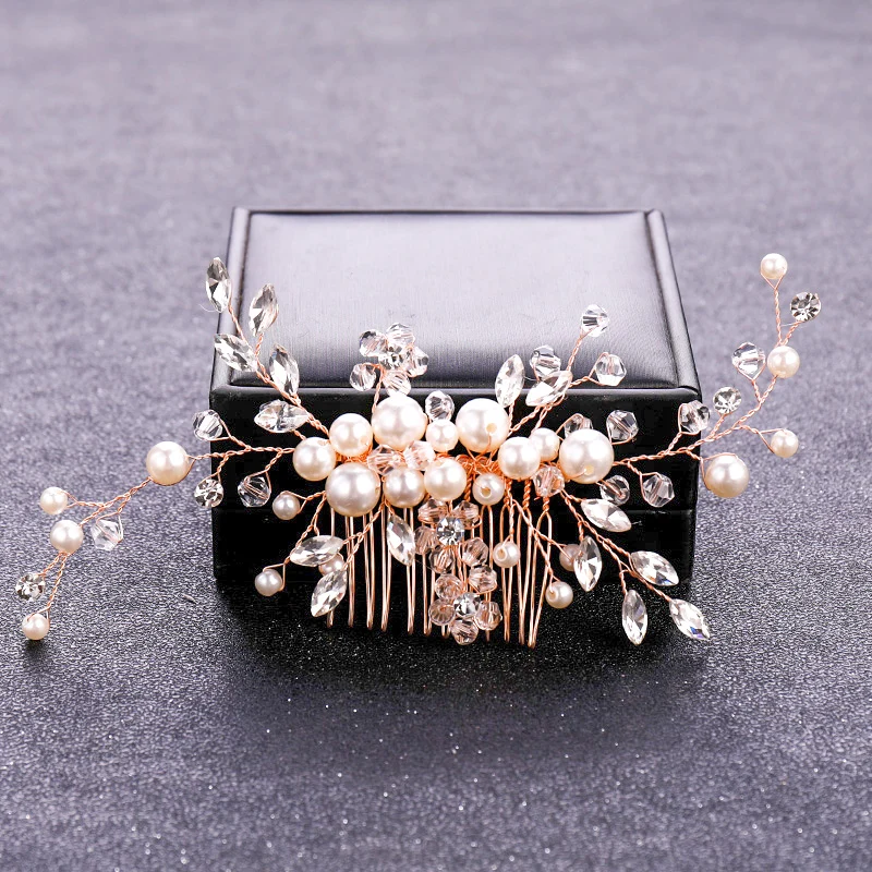 Rose Gold Color Crystal Pearl Flower Hair Comb Hairpin Headband For Women Bride Wedding Bridal Hair Accessories Jewelry Comb