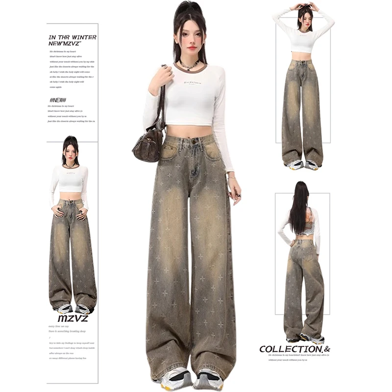 

American Style High Waist Wide Leg Knife Jeans Women Loose Fit Straight Casual Jeans Comfortable Breathable Autumn Wear
