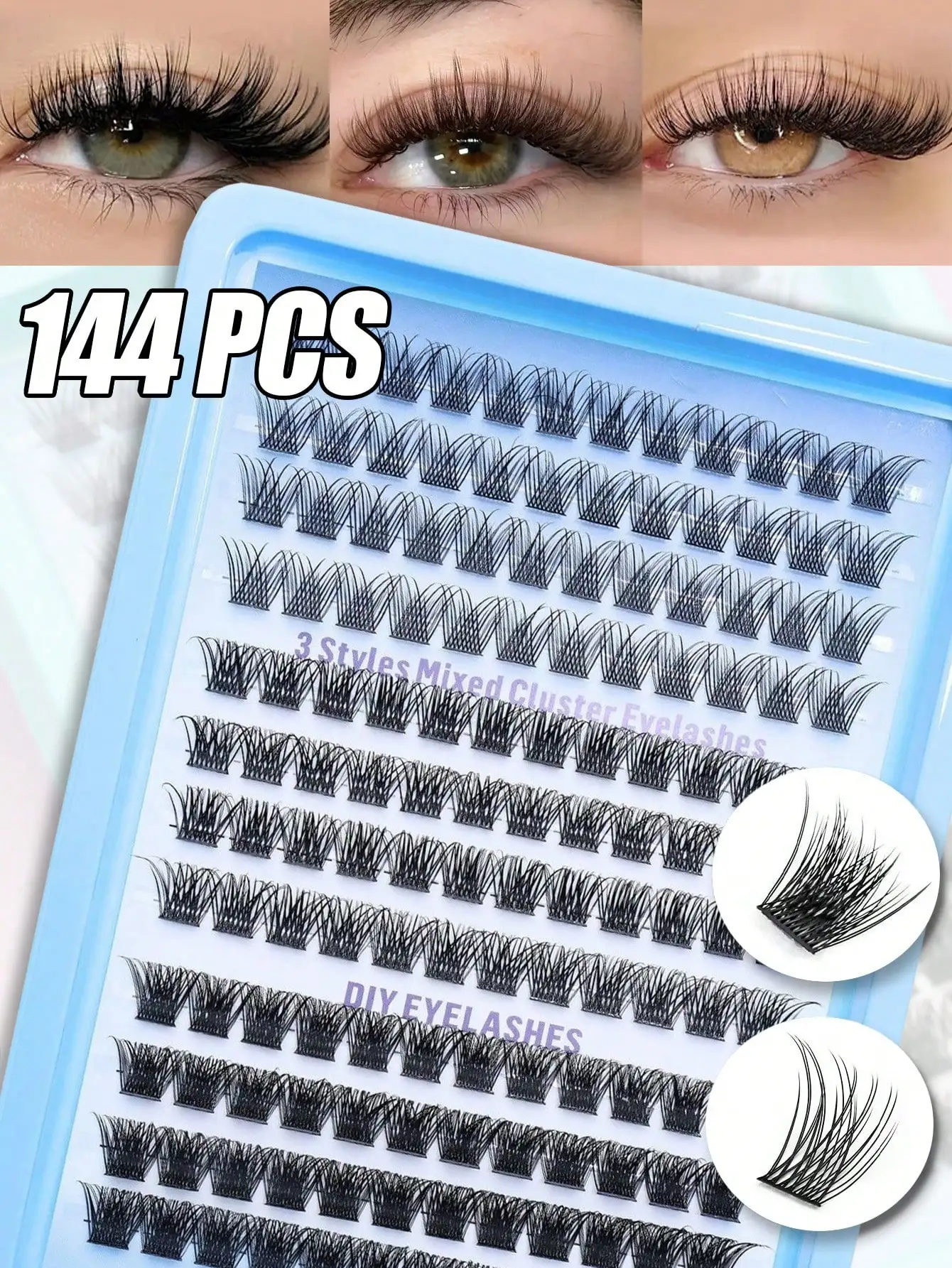AYRMILLA 144 eyelash cluster DIY eyelash extension mixed tray single 3D eyelash cat eye eyelash extension,. Natural false eyelashes, suitable for weddings, parties, and daily club work meetings, suitable for novice fairy makeup cosplay