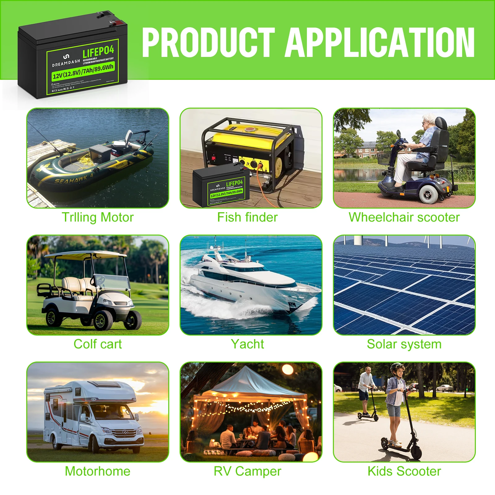 Dreamdash 12V 7Ah LiFePO4 Battery 89.6Wh Rechargeable Lithium Iron Phosphate Battery Built-in BMS F2 Terminal for Kids Ride On Car UPS Solar Gate Opener Emergency Light RV Golf Cart Ship from US UK PL