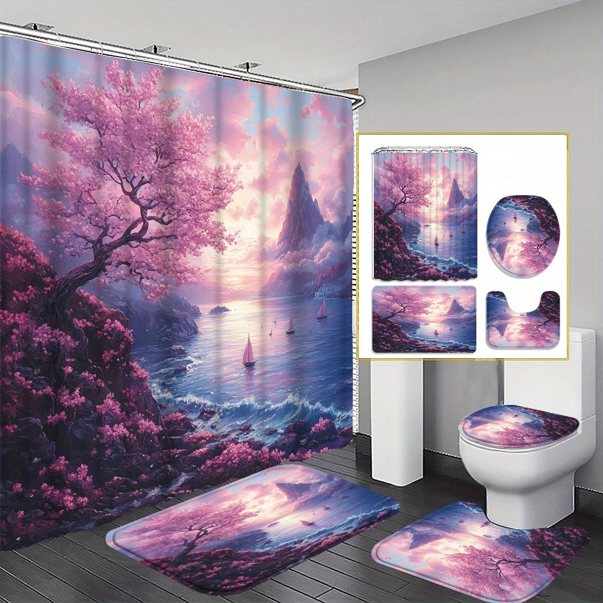 

4pcs Dreamlike Landscape Cherry Blossom Tree Pattern Shower Curtain Set, Bathroom Curtains, Bathroom Decorative Floor mat