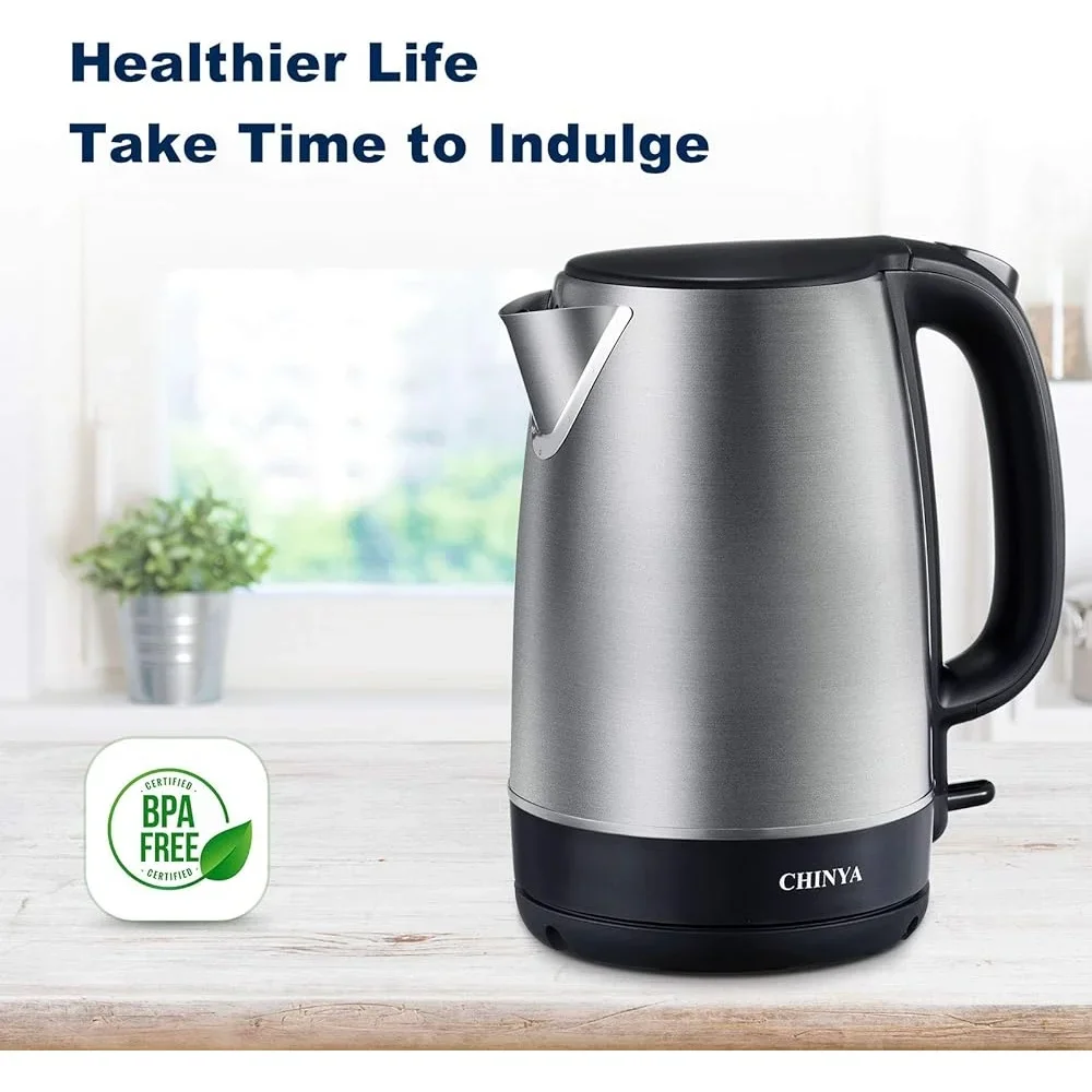 Electric Kettle 1.7L Stainless Steel Tea Maker Fast Boiling 1500W Automatic Shut Off LED Light 360° Base Storage