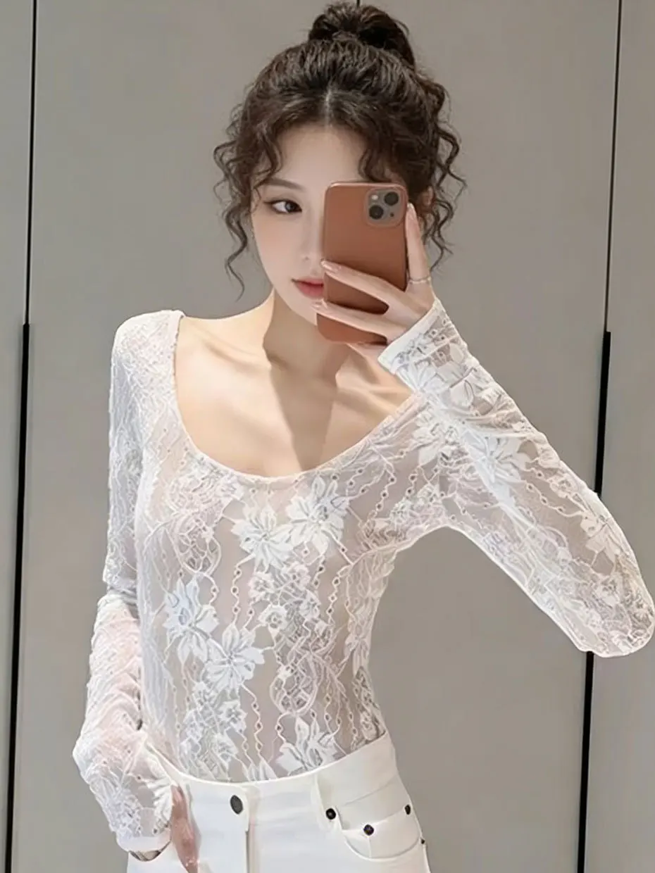 

Потрясающий кружевной топ: модный, роскошный дизайн, красивый и элегантный стиль, с длинными рукавами, из полиэфирного волокна, для молодых женщин, нижнее белье