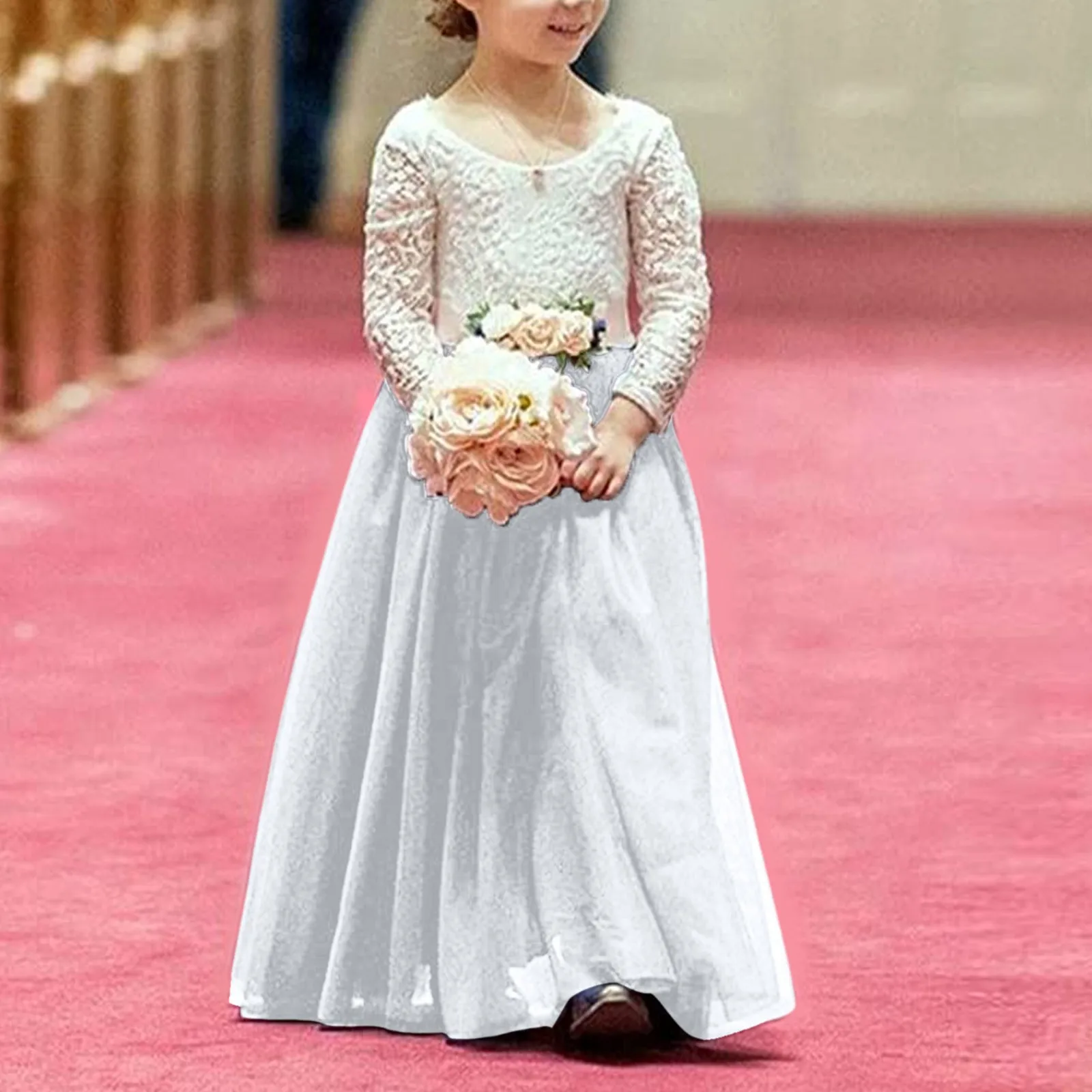 

Girls Lace Backless Dress A Line Straight Leg Ballet Long Party Christmas Long Sleeved Party Princess Dress For Toddler Girls