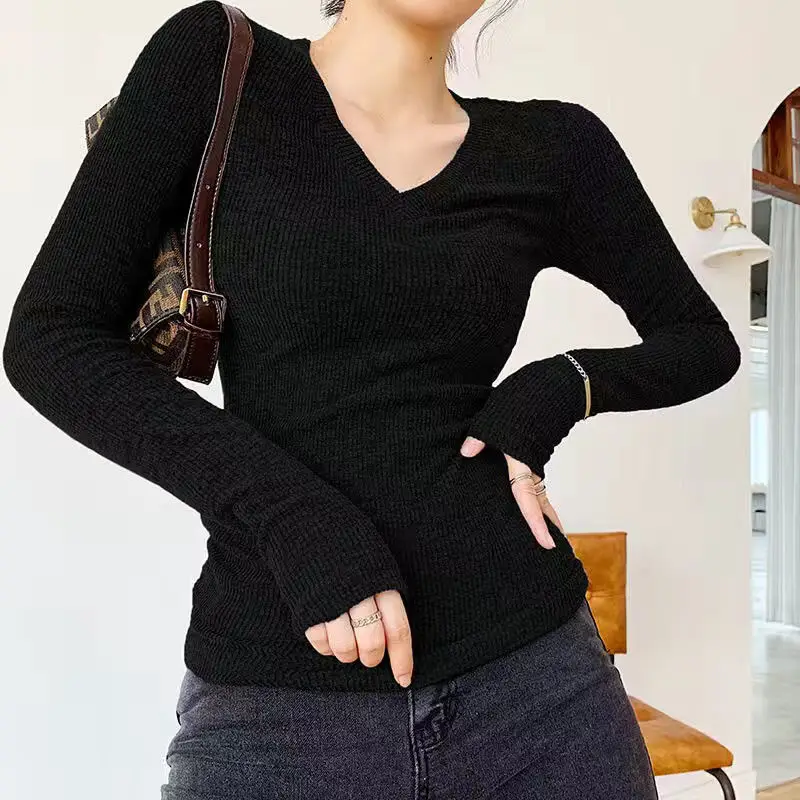 V Neck Simplicity Long Sleeve Sexy Tops Spring Autumn New Solid All-match High Street T Shirts Fashion Casual Women Clothing