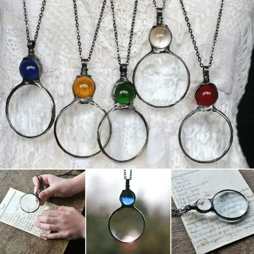 Portable Vintage Magnifying Glass Necklace Magnifier Jewelry Decoration Neck Chain Crystal Compact Clavicle Chain Gift