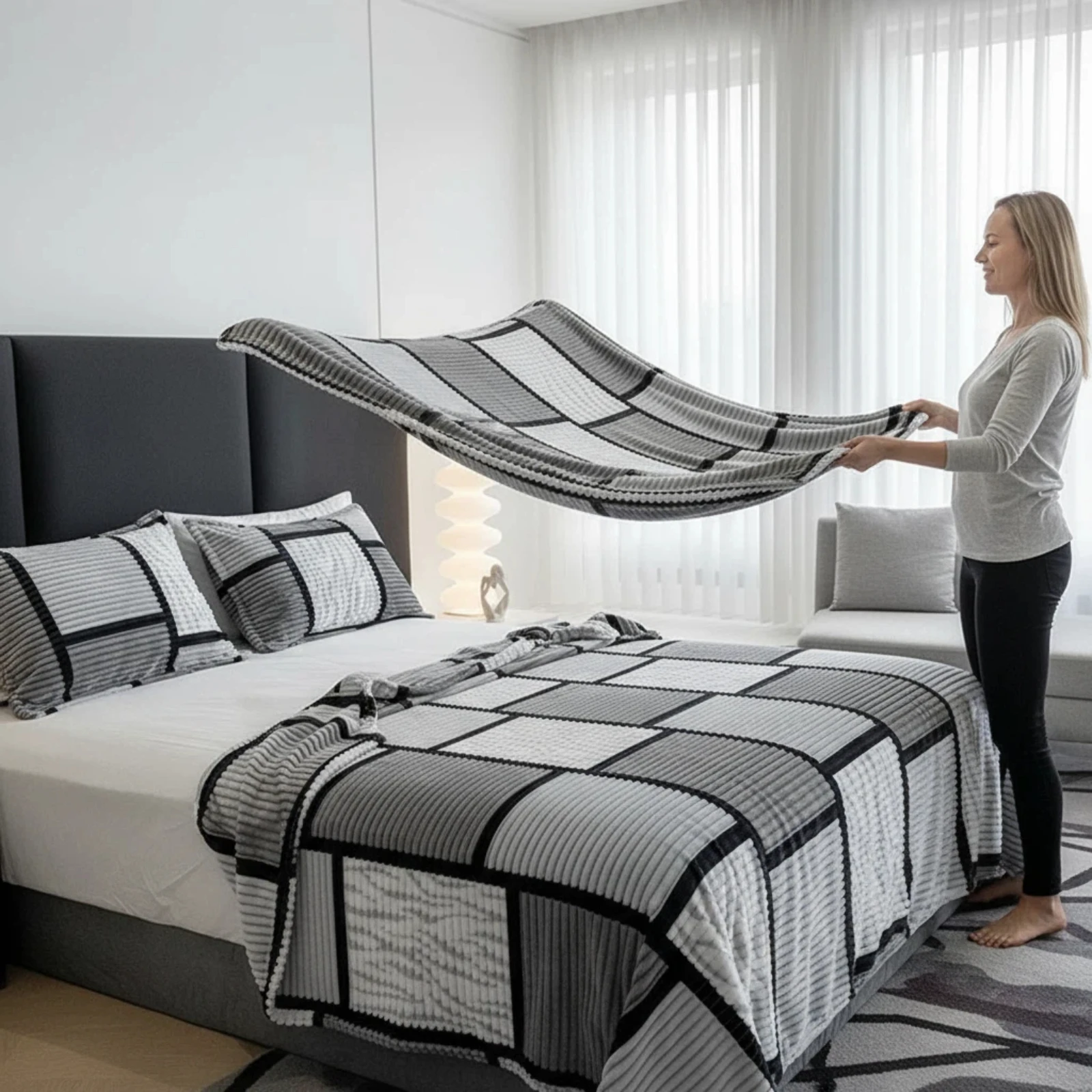 Large Check Plush Blanket  Big Grid Fuzzy Throw  Cozy Warm Soft for Bed Couch  All Sizes (Twin/Full/Queen/King)