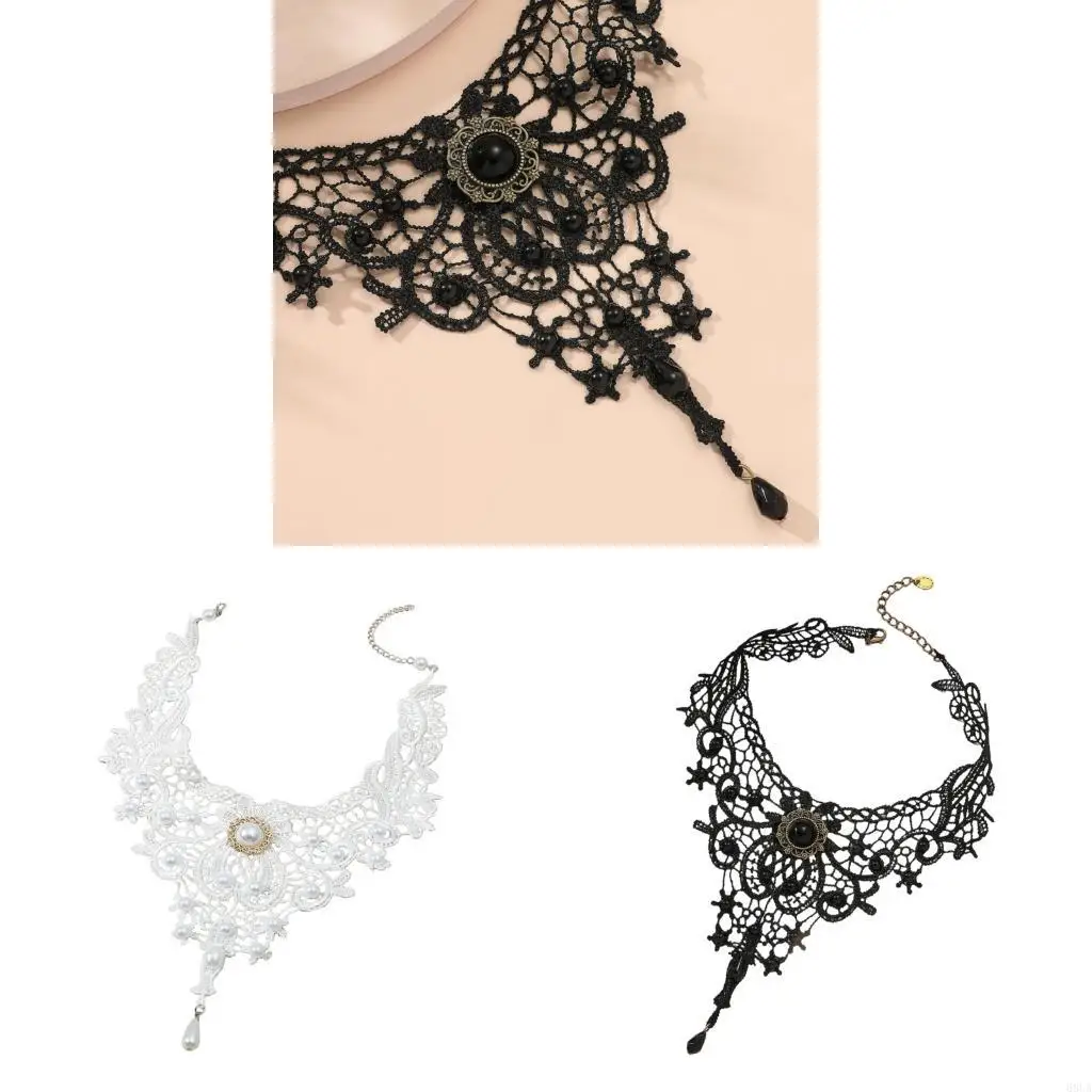 

68UA Gothic Lace Choker Necklace with Crystal Vintage Thick Choker Vampires Choker