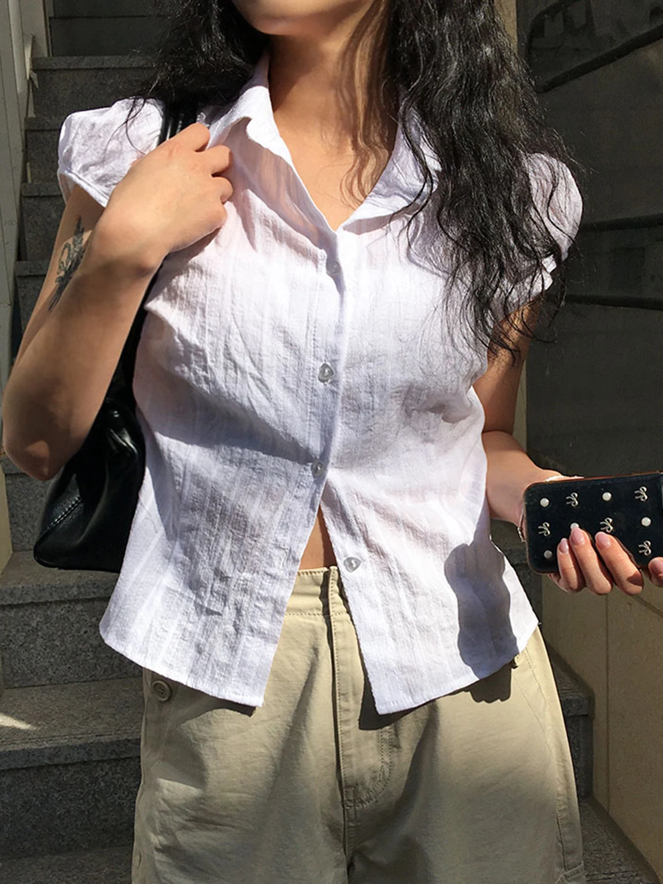 Sweetown White Solid Single Breasted Turn Down Collar Casual Shirts Women Simple Puff Sleeve Japanese Y2K Preppy Summer Tops