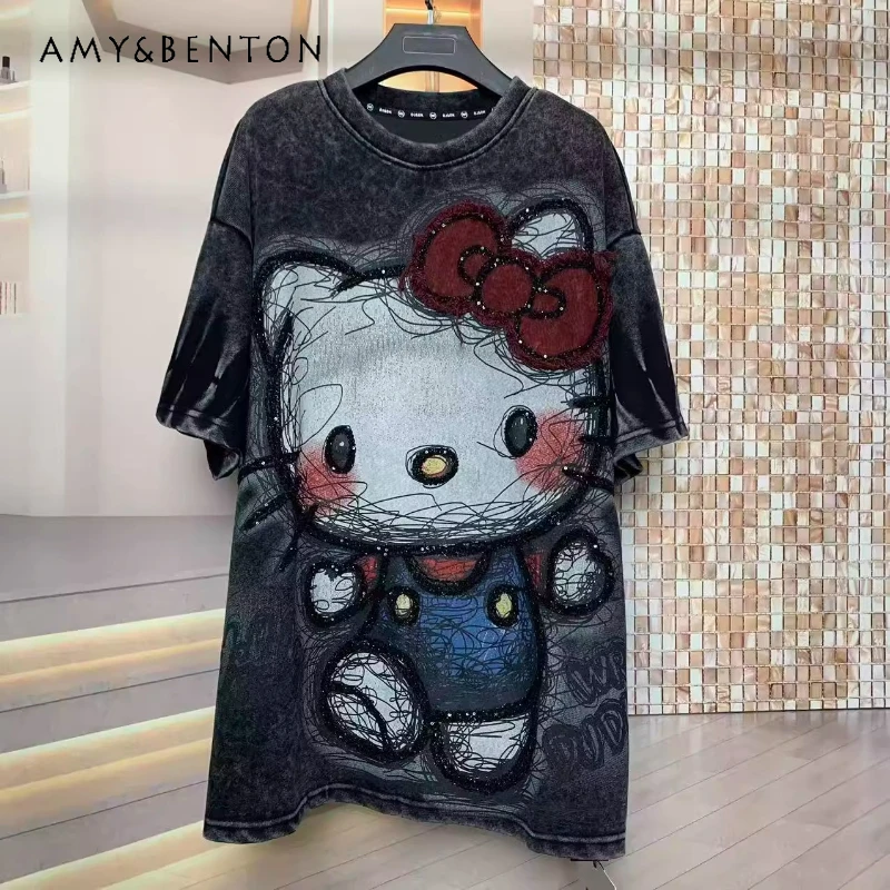 ファッションブランド秋の新作可愛いTシャツヘビーインダストリーウォッシュスイートカートゥーンキュートオーバーサイズルーズ半袖Tシャツ女性用