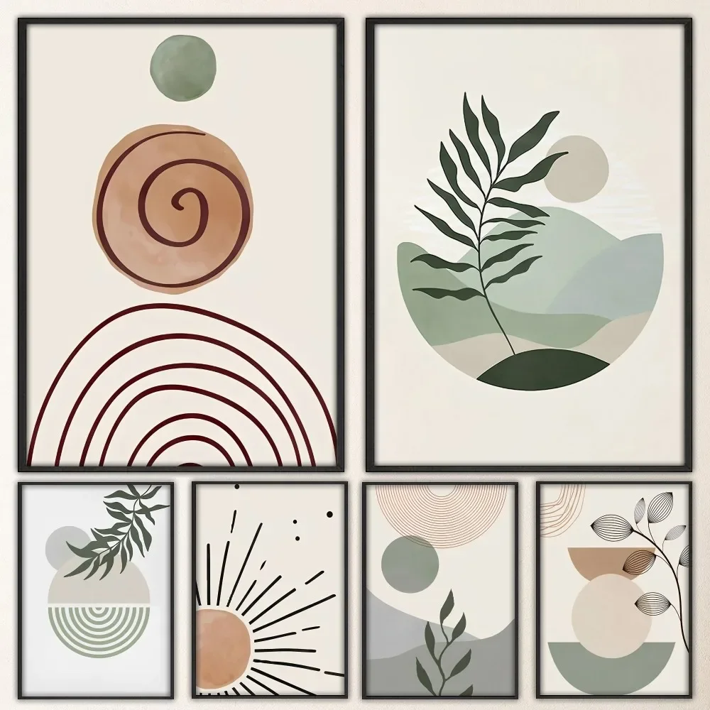 (No frame)Póster Decorativo con Diseño Geométrico de Hojas, Sol y Luna, Estilo Bohemio, para Sala de Estar, Bar, Decoración V