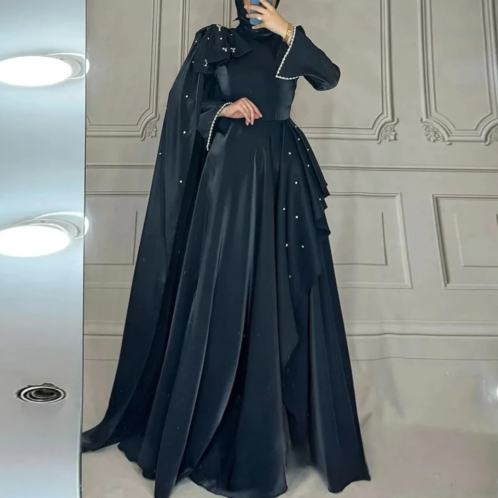 فستان سهرة عربي مخصص متواضع برقبة عالية وأكمام طويلة وكشكشة لؤلؤية على شكل حرف A فساتين حفلة موسيقية جودة عالية