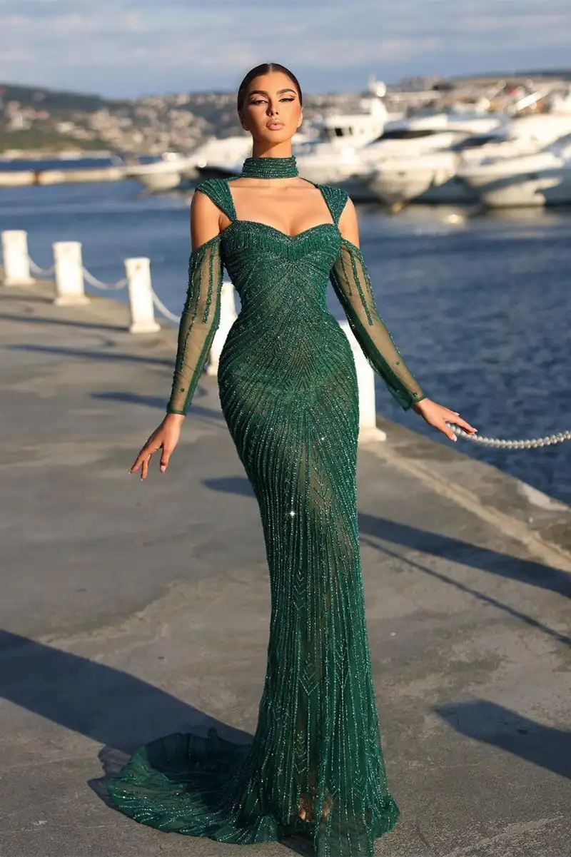 Customized 2024 Elegant Long Dark Green Beaded Off Shoulder Ball Gown Mermaid Zip Floor Length Evening Gown