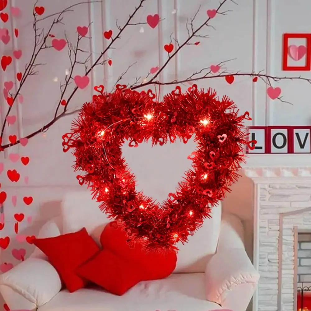 Romantic Red Heart Shaped Wreath Hanging LED Light Front Door Sign Garland Glowing Valentine's Day Love Wreaths Anniversary