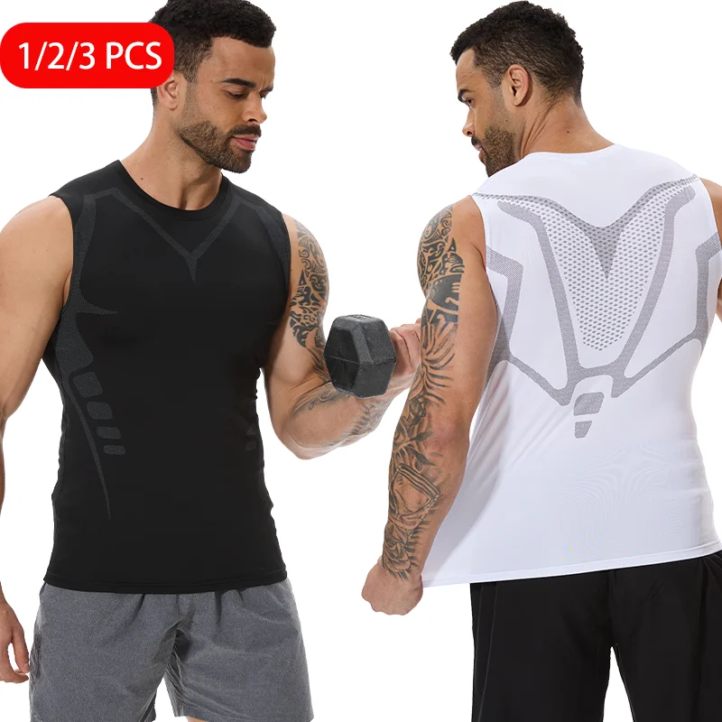 1/2/3PCS Men's Sports Vest Compression T-shirt Quick Dry Running Sport Tank Top Quick Dry Tight Fitness Gym Training Shirt