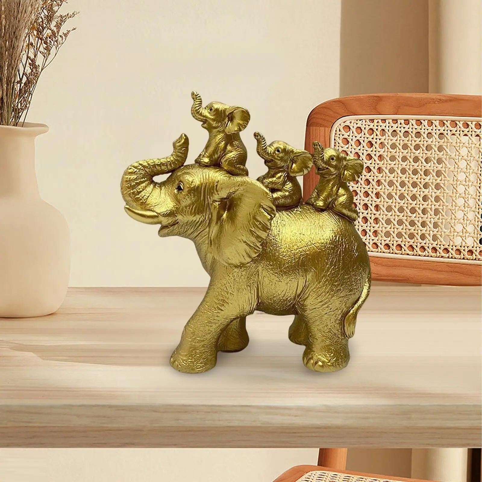 3 Baby Elephants Riding AN Elephant Statues Christmas Decors Resin Figurines