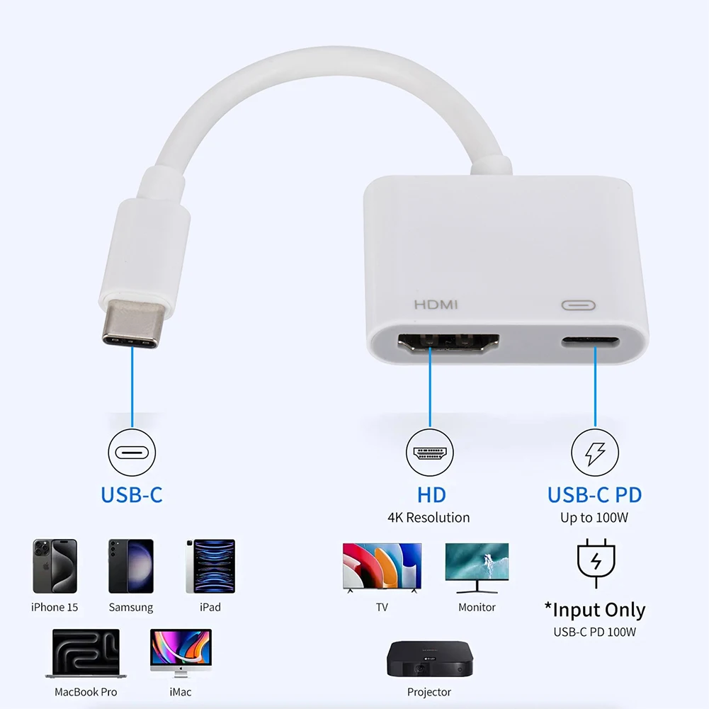 Type C To 4K HDMI-Compatible Adapter with PD 100W Charging Port 4K Driver-free for iPhone 15 Pro/Max MacBook Pro iPad Pro/Air