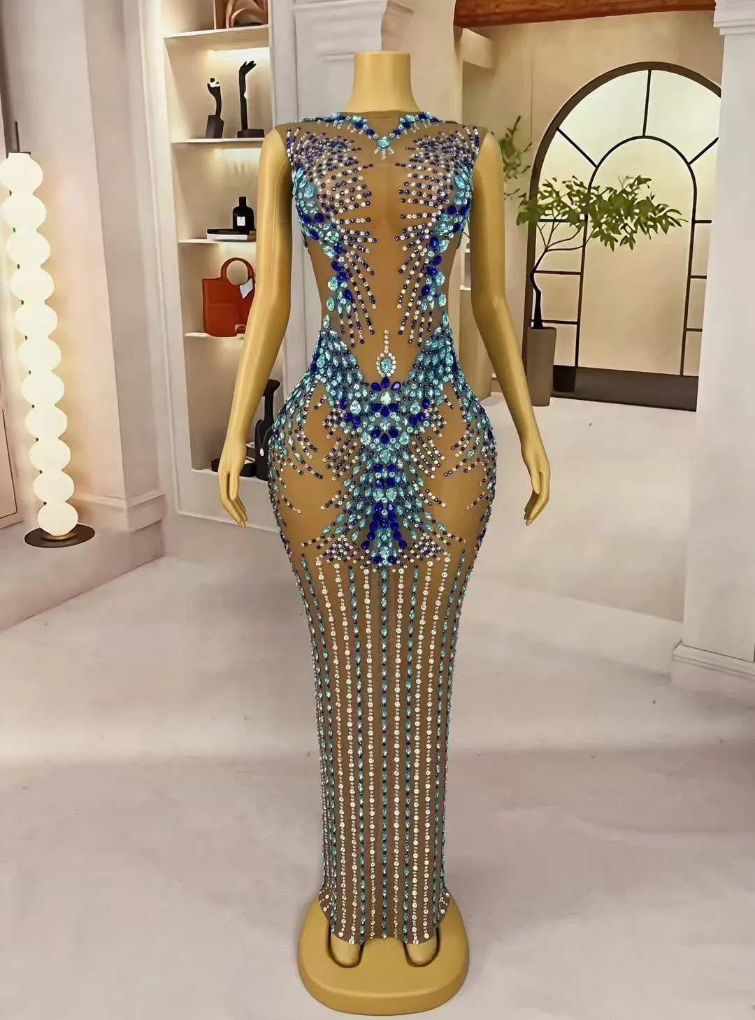 Sexy Stage Nude Mesh Luxury Sparkly Rhinestones Maxi Dress Women Evening Party Elegant Gown Show Red Carpet Photoshoot Costume
