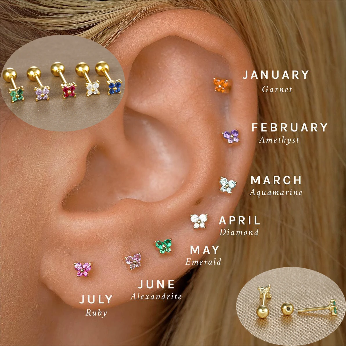 1PC kamień urodzeniowy ze stali nierdzewnej Mini kolczyki sztyfty 12 konstelacji chrząstka kolczyk w kształcie motyla hipoalergiczna biżuteria do piercingu