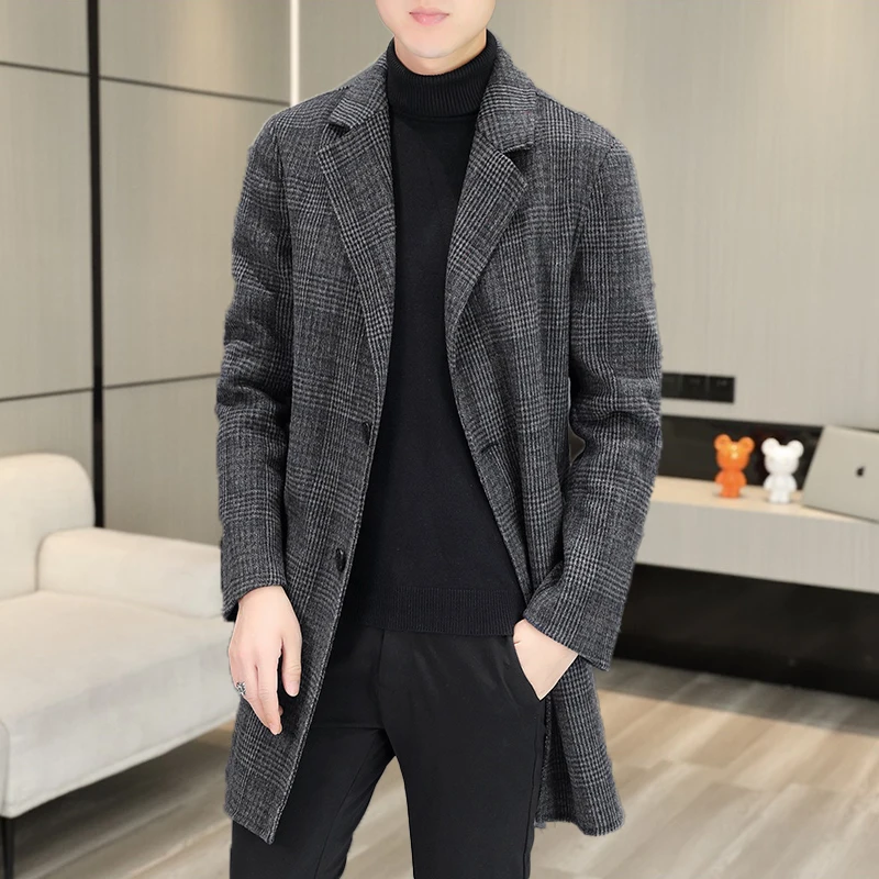 

2023 High-end Fashion Autumn and Winter New Men's Handmade Double-sided Woolen Coat in The Long Thousand-bird Check Wool Coat