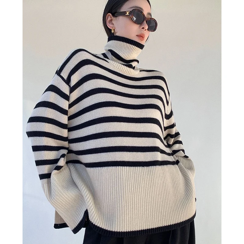 

GIDYQ Turtleneck Striped Loose Sweater Women Korean Fashion Lazy Wind Knitted Pullovers Fashion Office Lady Long Sleeve Jumpers