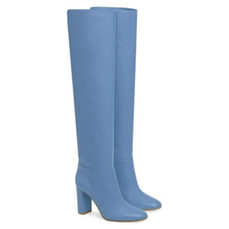 

DIZHUANG Fashionable women's high-heeled boots. Blue PU leather. Knee high women's boots. About 11cm heel height. Fashion show