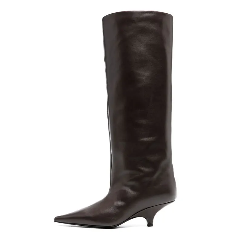 Women Pointed Toe Low Heeled Shoes for Woman's Slip-On Knee High Europe America Botas Mujer 2025 Winter Motorcycle Long Boots