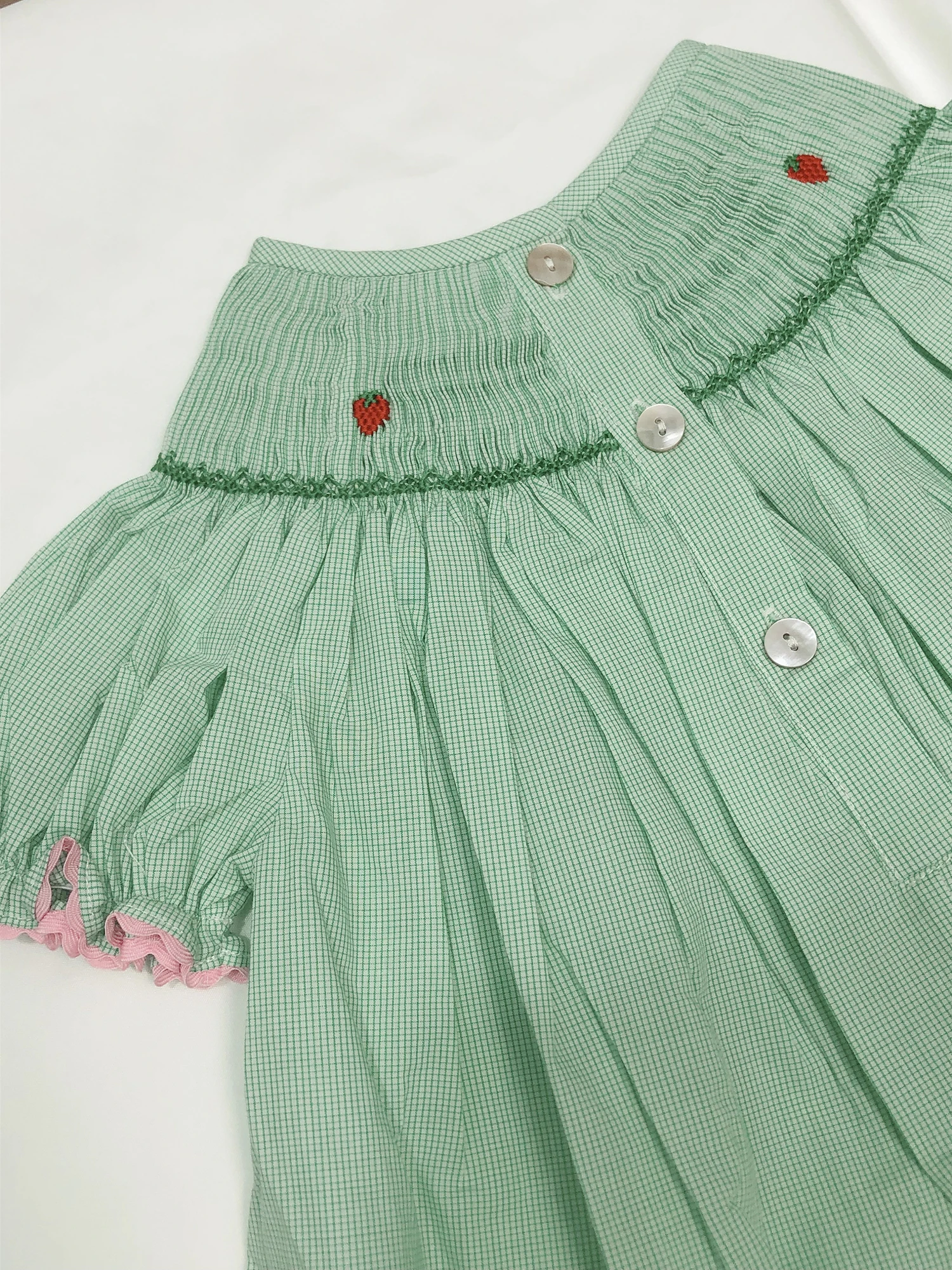 Girls Smocking Dress Handmade Cute Bear Embroidered Short-sleeved Green Bishop Dress 100% Cotton Children\' Boutique 12M-6T