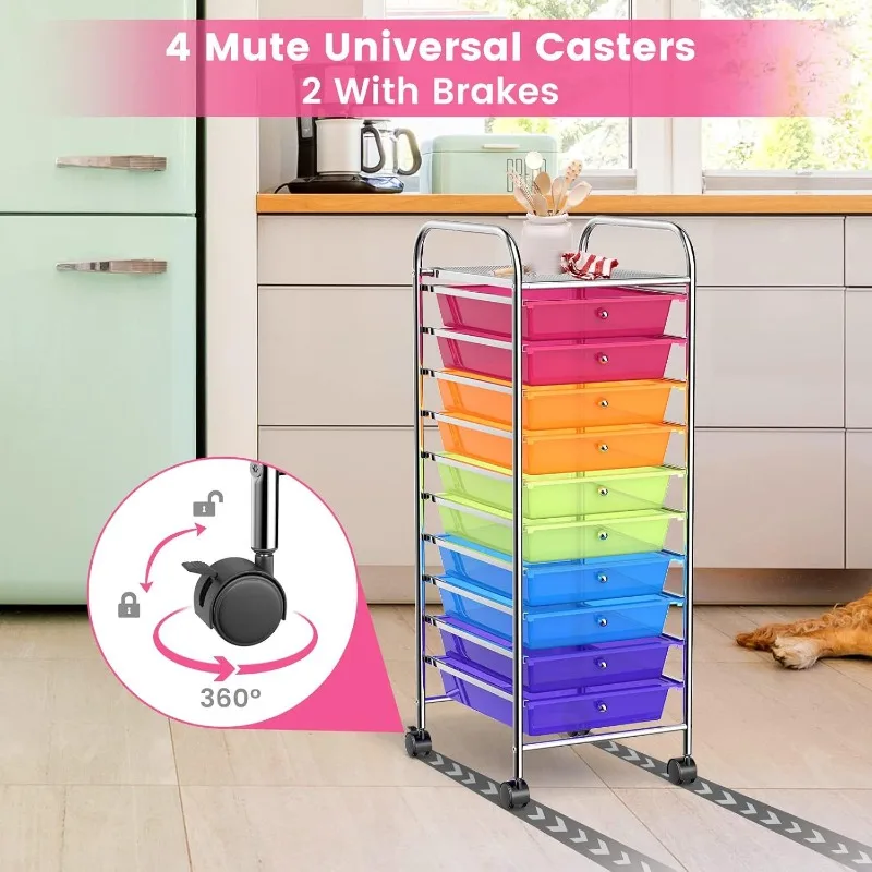 Mobile Storage Cart with Drawers, Large Capacity Wheeled Organizer for Home Snacks and Office Documents