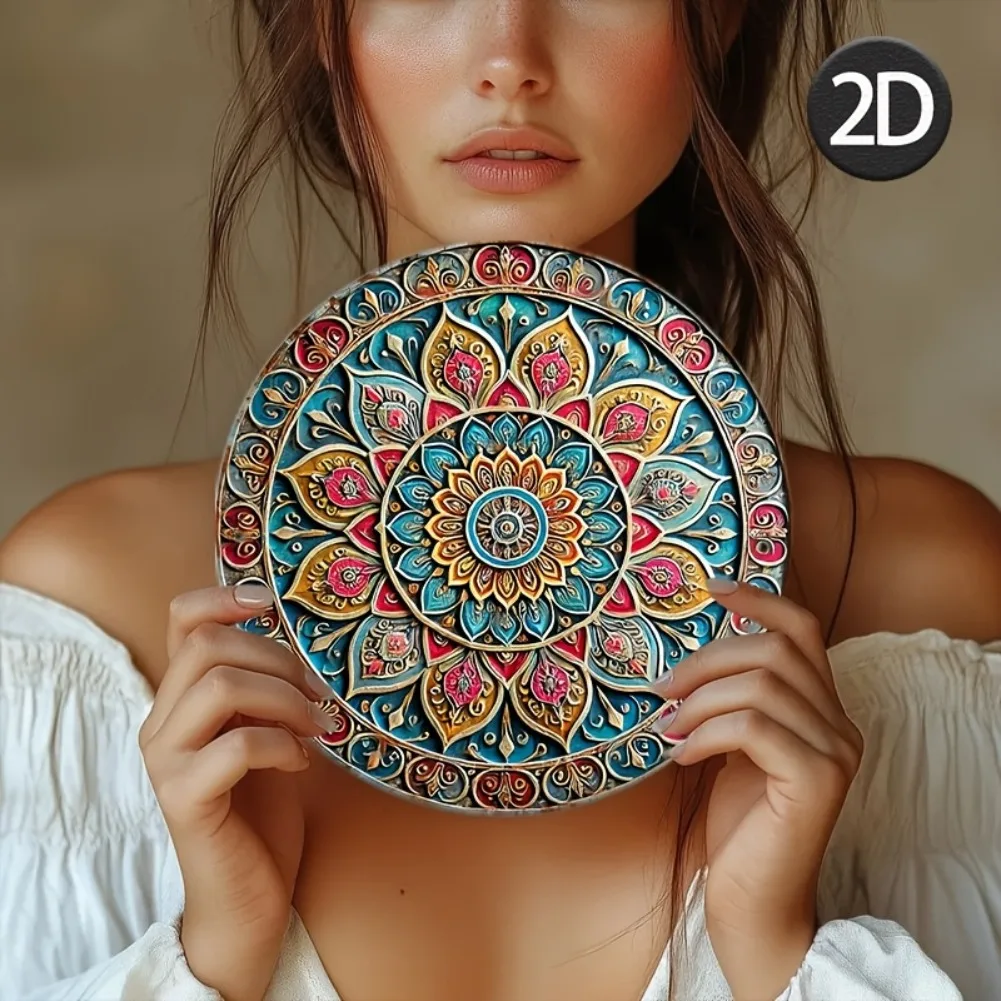 2D flaches Vintage-Metallschild mit ethnischem Mandala – exquisites symmetrisches Muster, runde Aluminium-Wandkunst für Innen- und Außendekoration