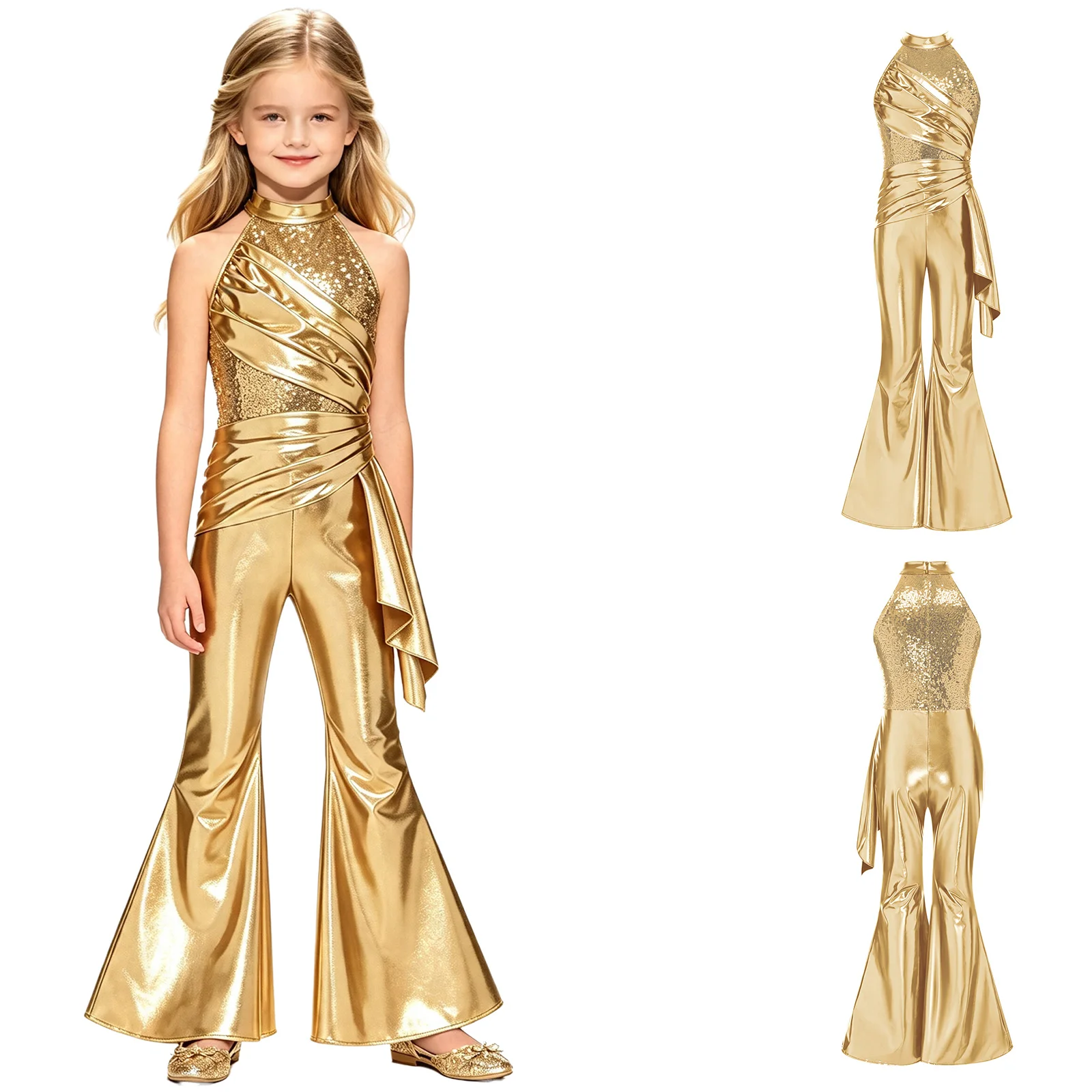 Kids Girls Metallic Shiny 70s Disco Jumpsuit Jazz Dance Costume Wedding Birthday Pageant Prom School Party Halloween Bodysuit - view 4