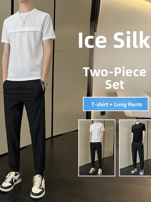 

Мужской летний спортивный комплект из эластичного шелка Ice Silk: тонкая футболка с коротким рукавом и модные брюки из нейлона и спандекса для молодежи