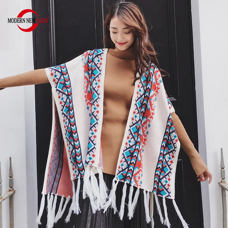 

MODERN NEW SAGA Women Shawl Wrap Knit Wool Scarf Fashion Knitted Cardigan Stoles Autumn Winter Female Vintage Shawls Knit Tippet